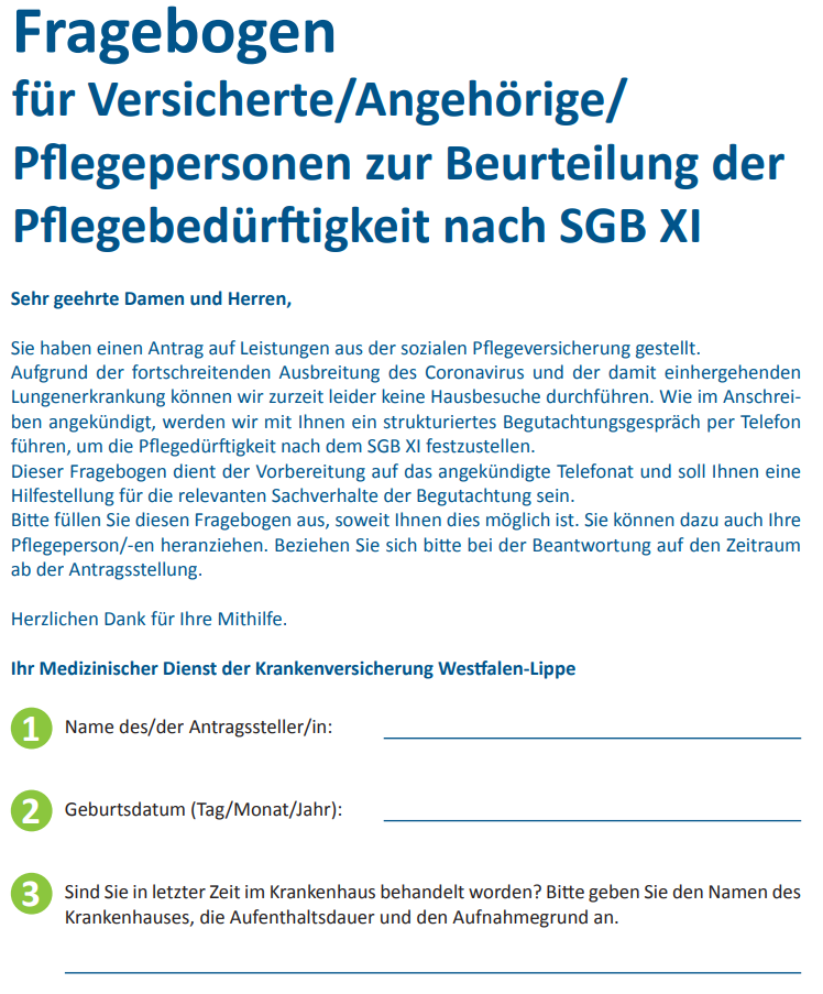 Screenshot eines Fragebogens vom Medizinischen Dienst der Krankenkassen Westfalen-Lippe
