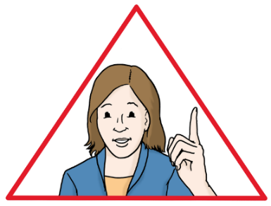 Zeichnung einer Frau, die warnend den Finger hebt. Sie ist umrandet von einem roten Dreieick.