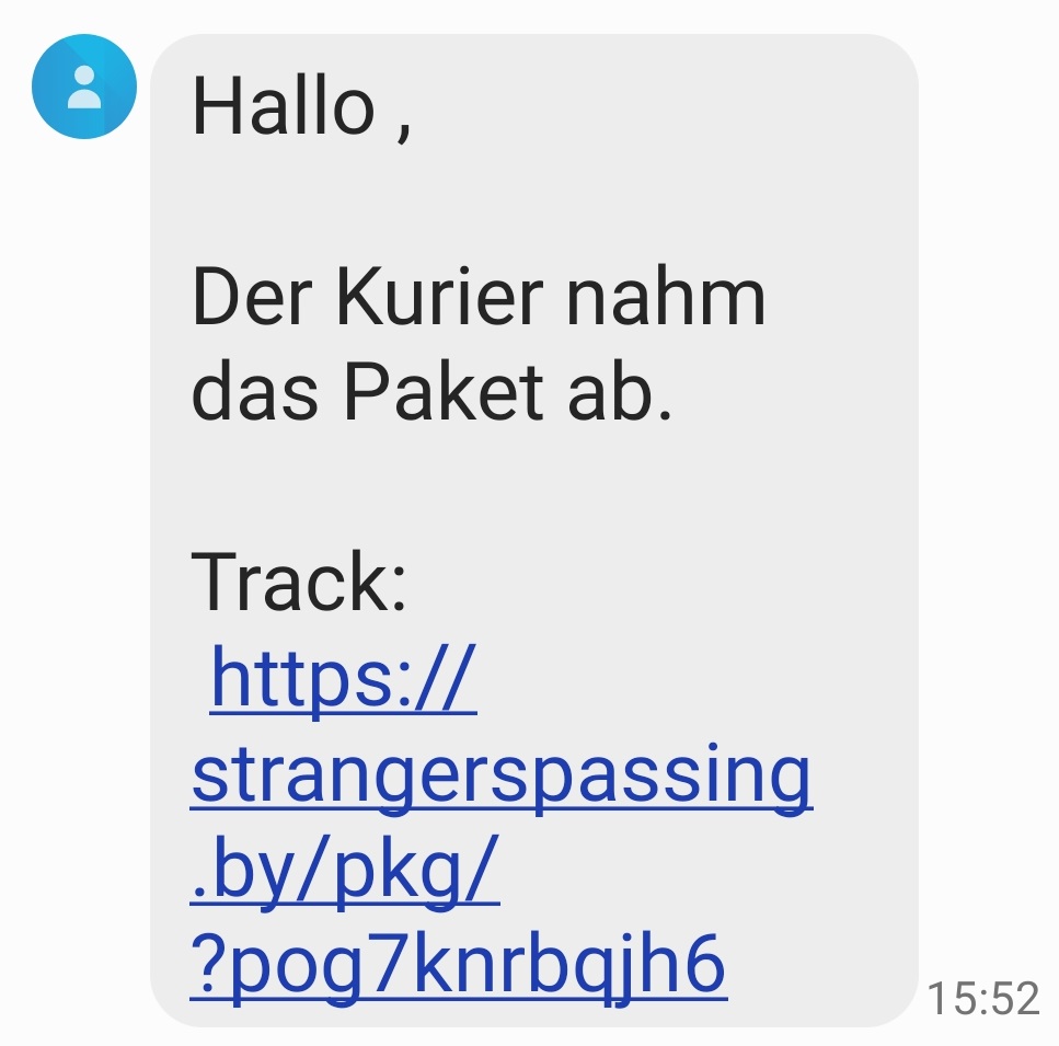 Eine gefälschte Paket-SMS, die den Smartphone-Nutzer zum Klicken auf einen Link verleiten soll, über die er sich Schadsoftware auf sein Gerät lädt.