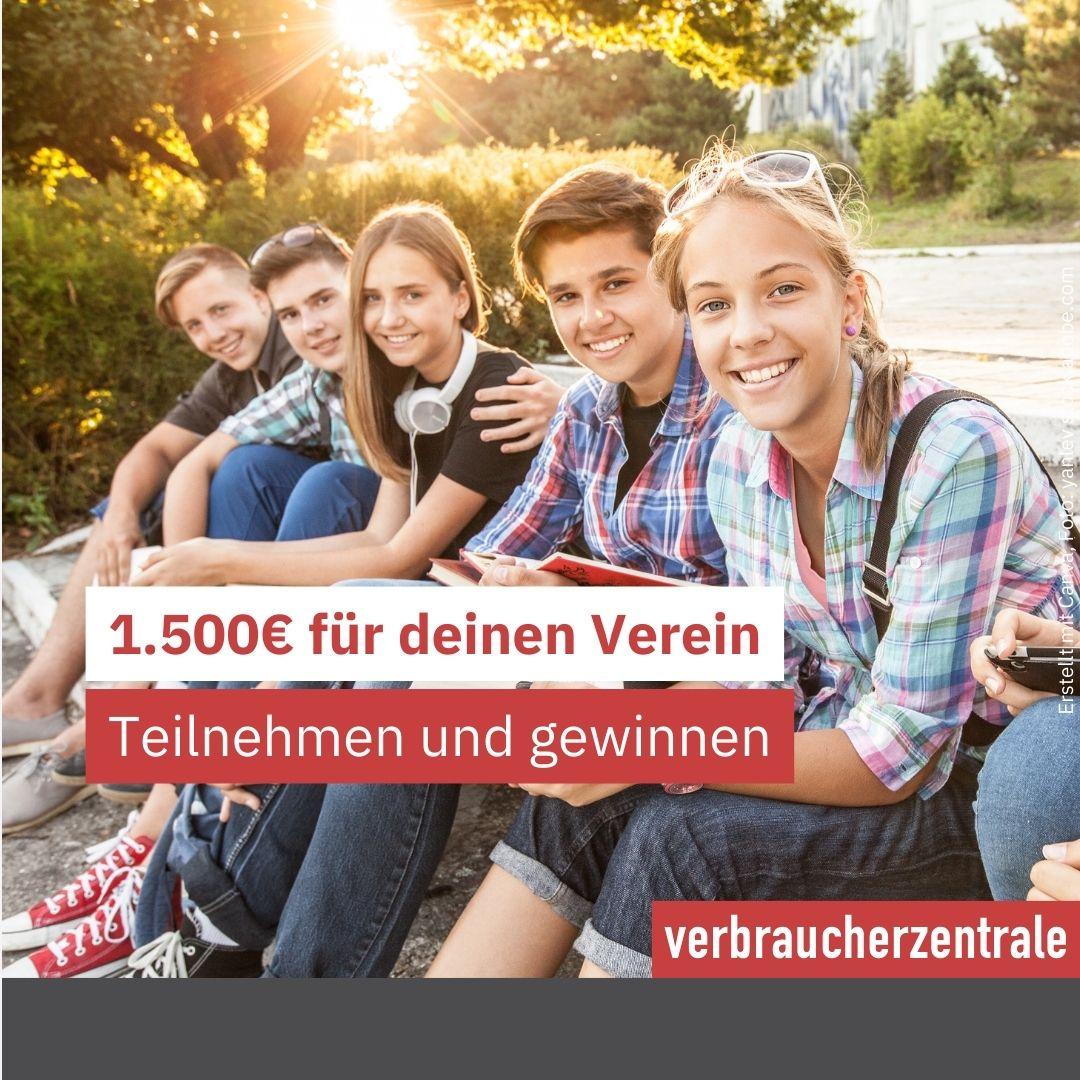 Junge Menschen sitzen auf einer Wiese. Dazu Text: 1500 Euro für deinen Verein. Teilnehmen und gewinnen.
