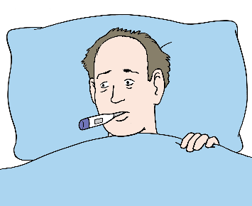 Zeichnung eines Mannes, der mit einem Fieberthermometer krank im Bett liegt.