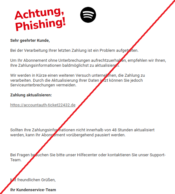 Screenshot einer E-Mail mit Logo von Spotify und Text: "Sehr geehrter Kunde,  Bei der Verarbeitung Ihrer letzten Zahlung ist ein Problem aufgetreten.  Um Ihr Abonnement ohne Unterbrechungen aufrechtzuerhalten, empfehlen wir Ihnen, Ihre Zahlungsinformationen baldmöglichst zu aktualisieren.  Wir werden in Kürze einen weiteren Versuch unternehmen, die Zahlung zu verarbeiten. Durch die Aktualisierung Ihrer Daten jetzt können Sie jedoch Serviceunterbrechungen vermeiden.  Zahlung aktualisieren:  https://accountauth-ticket22432.de     Sollten Ihre Zahlungsinformationen nicht innerhalb von 48 Stunden aktualisiert werden, kann Ihr Abonnement vorübergehend pausiert werden.    Bei Fragen besuchen Sie bitte unser Hilfecenter oder kontaktieren Sie unser Support-Team.    Mit freundlichen Grüßen,  Ihr Kundenservice-Team"