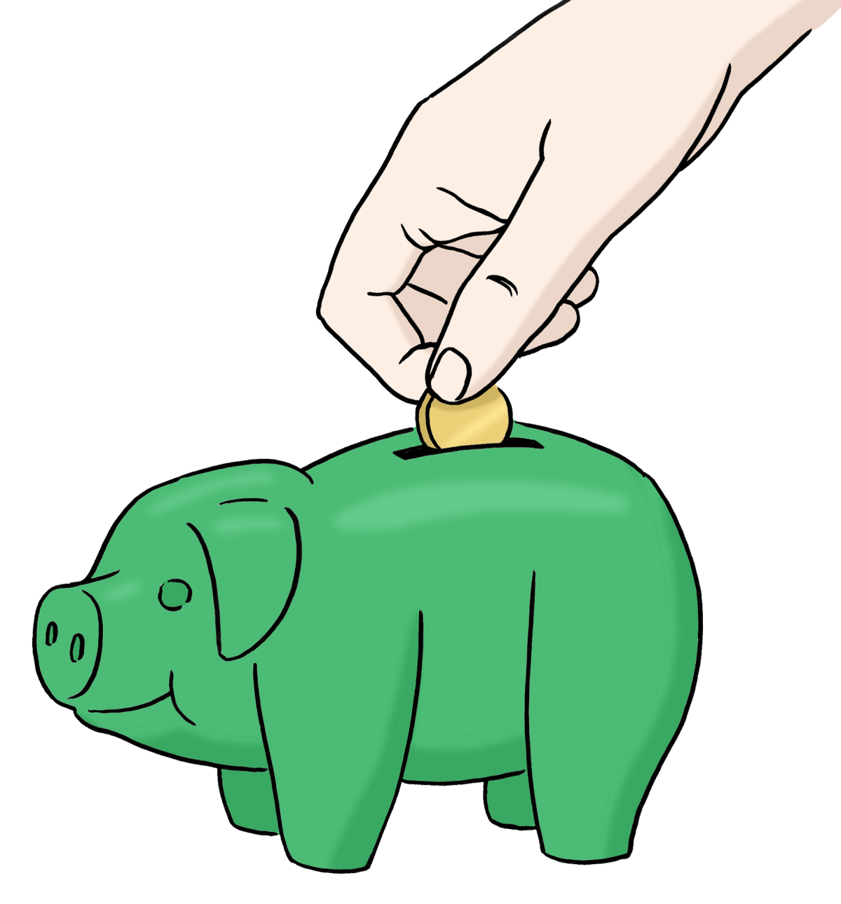 Zeichnung: grünes Sparschwein und eine Hand schmeißt ein Geldstück ein.