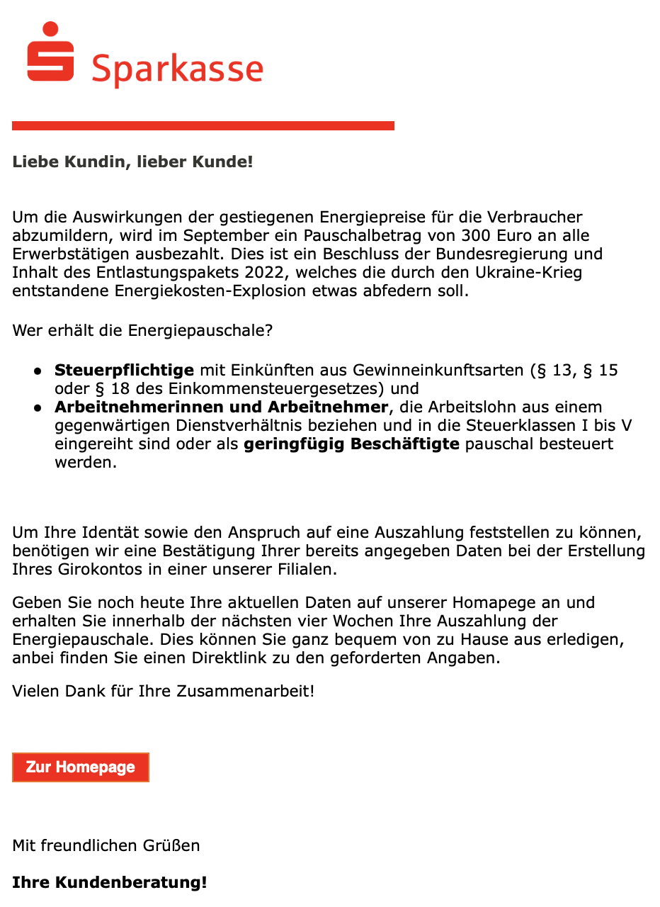 Phishing Sparkasse mit Energiepauschale-Bezug