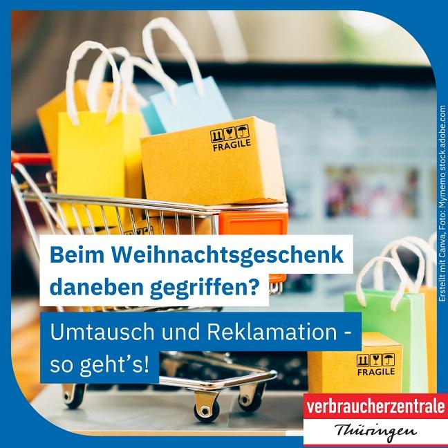 In einem Spielzeugeinkaufswagen sind Minikartons und Einkaufstüten gestapelt. Dazu Text: Beim Weihnachtsgeschenk daneben gegriffen? Umtausch und Reklamation - so geht's!