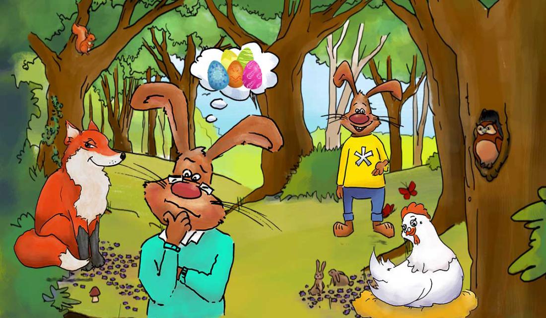 Die Protagonisten aus der Smartphone-Rallye "Otto Hasenfuß und die Suche nach dem verlorenen Passwort" im Wald: Otto, sein Sohn Franz, Henne Helga und Fuchs Ferdinand