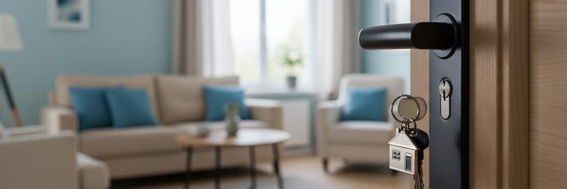 Ein Blick durch eine geöffnete Tür in ein helles Wohnzimmer, der Schlüssel mit Hausanhänger steckt im Schloss.