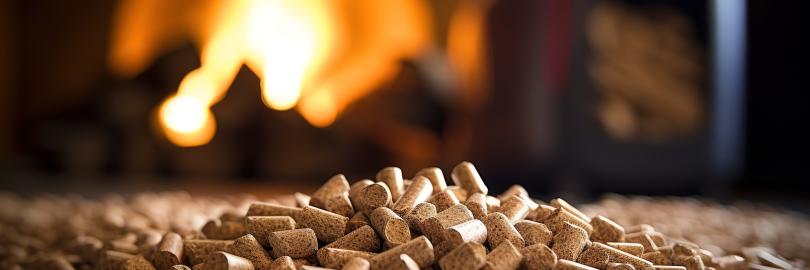 Holzpellets liegen vor einem Kamin.