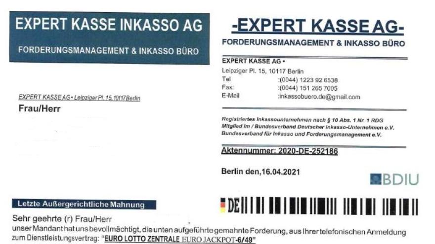 Mahnschreiben des unseriösen Inkasso-Büros Expert Kasse AG.