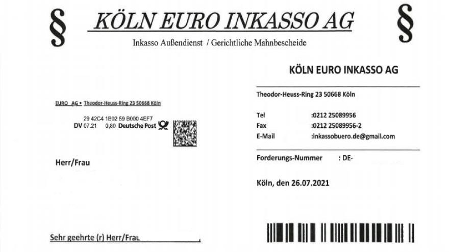 Mit diesem Mahnschreiben setzt die Köln Euro Inkasso AG Verbraucher unter Druck.
