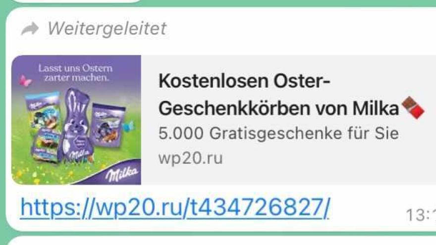 Screenshot von der WhatsApp-Nachricht zum Fake-Gewinnspiel von Milka