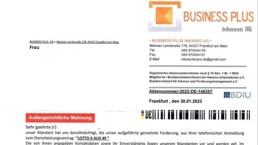 Briefkopf des Inkassoschreibens der Business Plus inkasso AG.