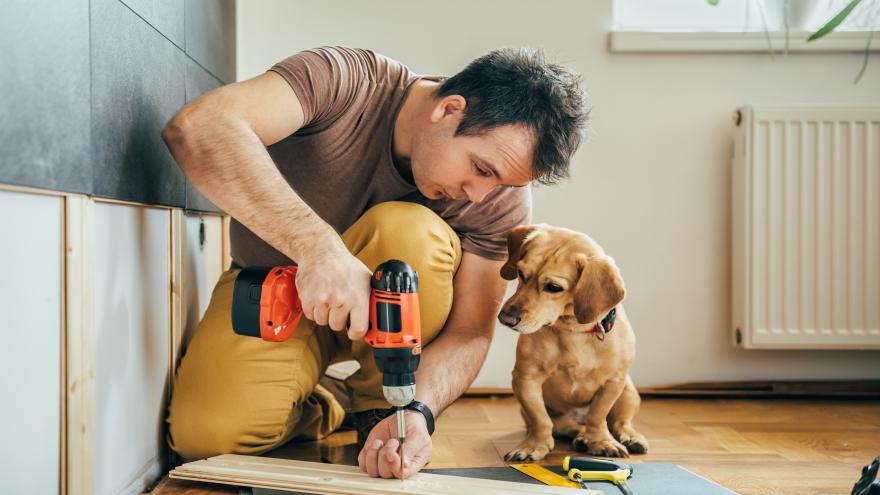 Ein Mann mit einer Bohrmaschine wird von einem Hund beobachtet.