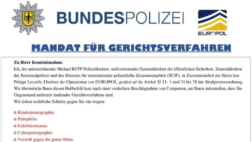 Ansicht einer betrügerischen E-Mail, angeblich im Auftrag der Bundespolizei.