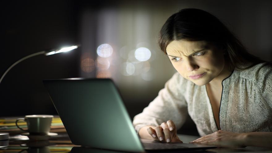 Eine Frau schaut misstrauisch auf einen Laptop-Bildschirm.
