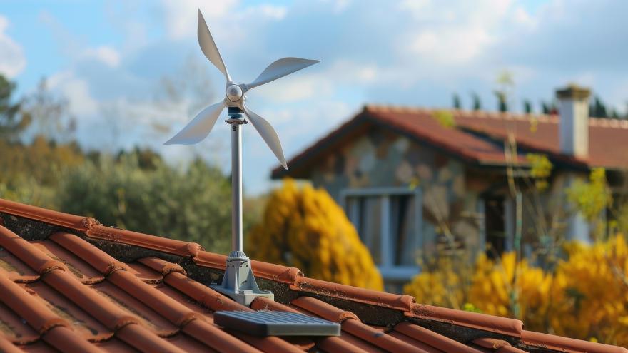 Eine kleine Windkraftanlage auf einem Wohnhaus. 