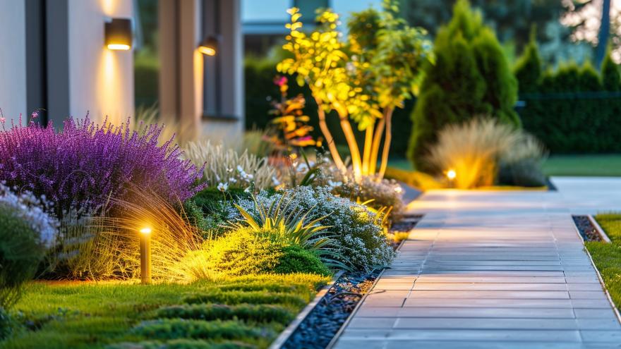 Dekorative kleine Solarlaternen in der Nähe von Steinstufen im Garten. Gartenbeleuchtung bei Nacht, solarbetriebene Lampen.