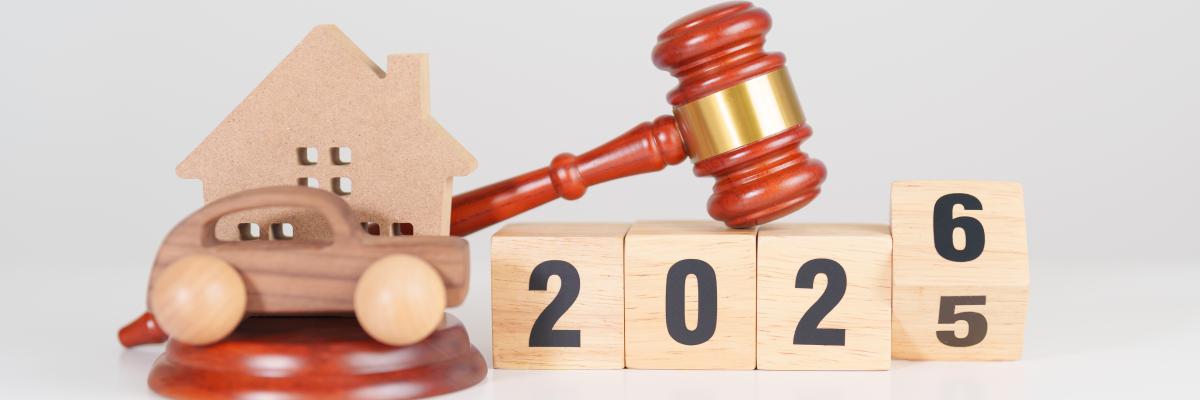 Holzspielzeug mit Aufschrift "2026" sowie ein Holzhaus, ein Holzauto und ein Gerichtshammer