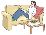 Grafik: Zeichnung eines Mannes, der mit einem Buch auf dem Sofa liegt.