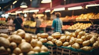 Kartoffeln in einem Supermarkt mit verschwommenen Menschen im Hintergrund.