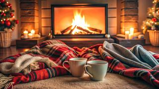 Ein gemütlicher Kamin mit zwei Bechern mit warmen Getränken, die auf einer karierten Decke ruhen.