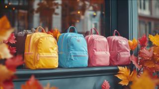 Vier verschiedenfarbige Schulrucksäcke stehen vor einer Fensterscheibe.