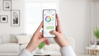 Eine Frau hält ein Smartphone mit einer Stromverbrauch-App. 