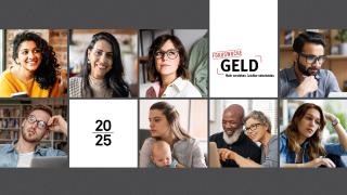 Collage mit Portraits verschiedener Menschen, dem Text "Fokuswoche GELD – Mehr verstehen. Leichter entscheiden." und der Jahreszahl 2025 auf grauem Hintergrund.