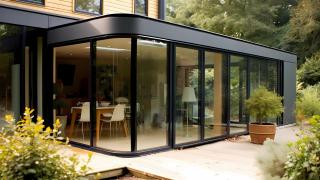 Ein Wintergarten, ein Aluminium-Verandahaus-Anbau, Ansicht von außen.