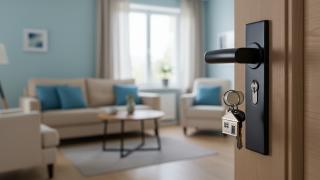 Ein Blick durch eine geöffnete Tür in ein helles Wohnzimmer, der Schlüssel mit Hausanhänger steckt im Schloss.