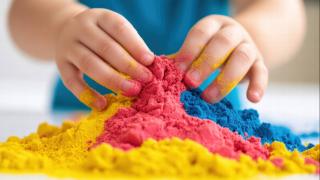 Kinderhände spielen mit buntem Sand